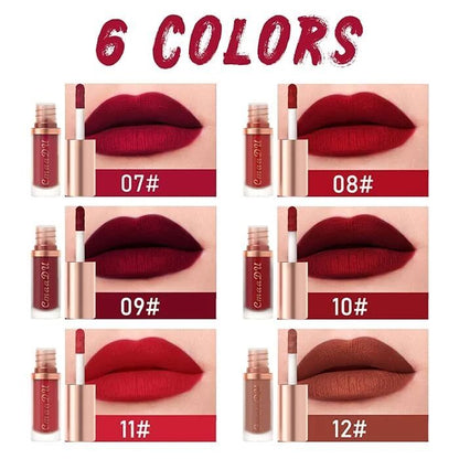 Six lipstick shade swatches arranged in a 2x3 grid under the heading '6 COLORS'. Each panel shows a lip application result, a small bottle, and a numbered shade label from 07# to 12#.