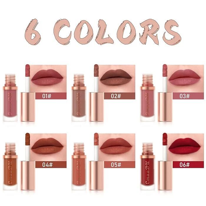 Six liquid lipstick shades displayed in a grid with matching lip swatches and shade labels 01# to 06# under the text '6 COLORS'. The lipsticks come in rose gold tubes with clear caps, showing shades of pink, nude, brown, and red.
