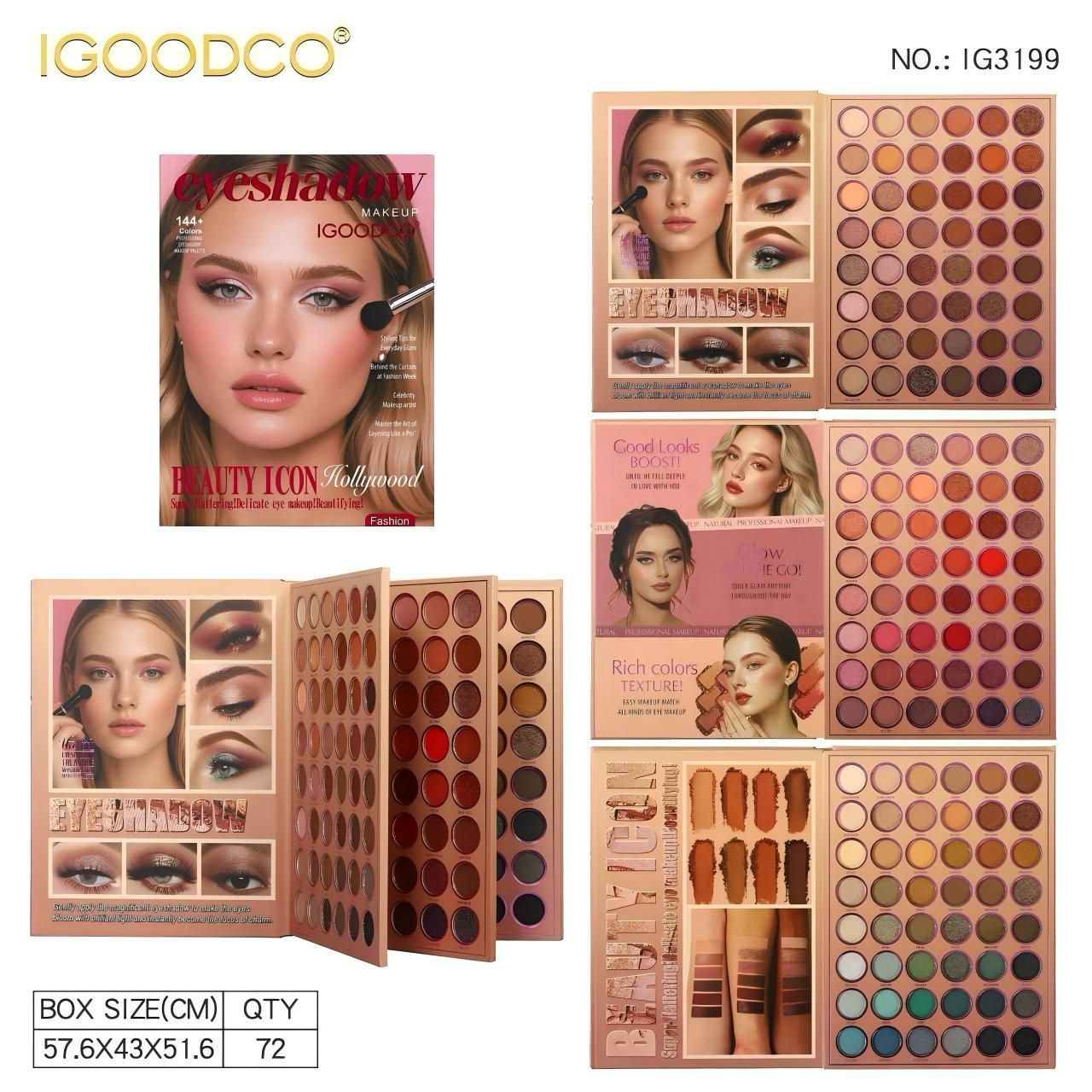 IGOODCO Beauty Icon Eyeshadow palette set shown in multiple open and closed views, featuring eyeshadow pans, brushes, and packaging on a white background with product text and size information.