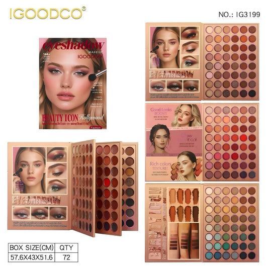 IGOODCO Beauty Icon Eyeshadow palette set shown in multiple open and closed views, featuring eyeshadow pans, brushes, and packaging on a white background with product text and size information.
