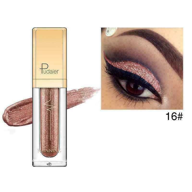 Pudaier Shinning liquid eyeshadow in shade 16#, showing the clear tube with a gold cap and a metallic rose gold shimmer swatch. An inset close-up of an eye wearing the eyeshadow is shown on the right.