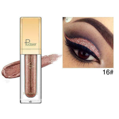 Pudaier Shinning liquid eyeshadow in shade 16#, showing the clear tube with a gold cap and a metallic rose gold shimmer swatch. An inset close-up of an eye wearing the eyeshadow is shown on the right.