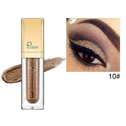 Pudaier Shinning liquid eyeshadow in shade 10#, showing the clear tube with a gold cap and a shimmering bronze-gold product inside, alongside a makeup swatch and an eye application close-up on a white background.