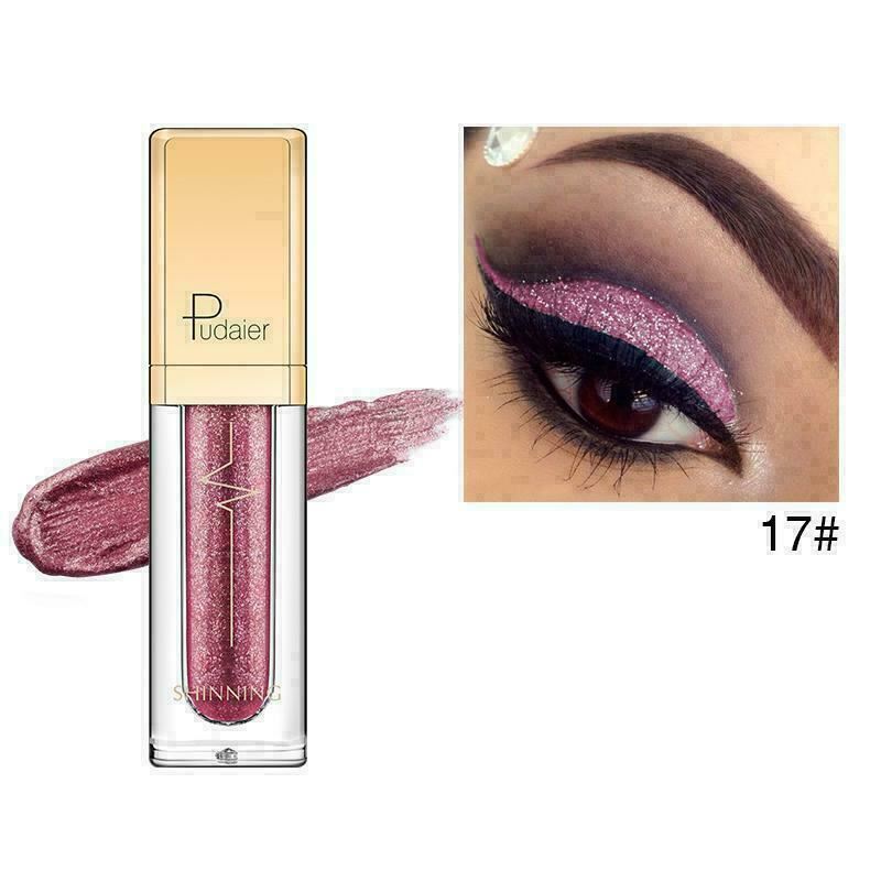 Pudaier liquid eyeshadow in shade 17#, showing the clear tube with a gold cap and a swatch of shimmering pink-purple eyeshadow, alongside a close-up of an eye wearing the glittery pink eyeshadow with black eyeliner.