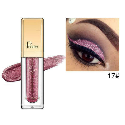 Pudaier liquid eyeshadow in shade 17#, showing the clear tube with a gold cap and a swatch of shimmering pink-purple eyeshadow, alongside a close-up of an eye wearing the glittery pink eyeshadow with black eyeliner.