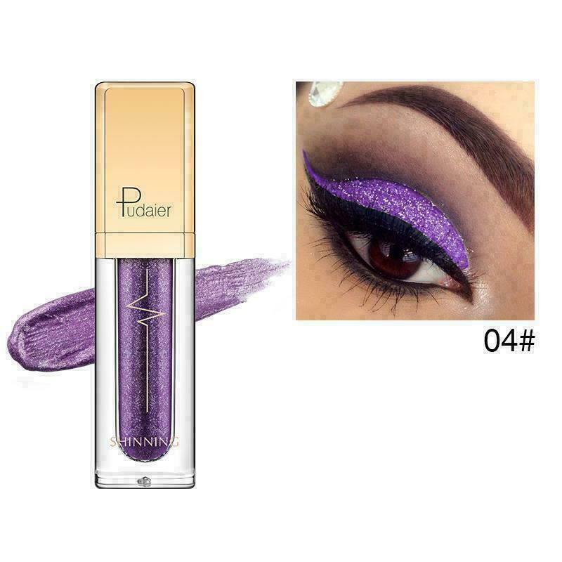 A tube of purple glitter eyeshadow or liquid shimmer with a gold cap, shown next to a makeup swatch and a close-up eye wearing the purple glitter shade. The text '04#' appears in the corner.