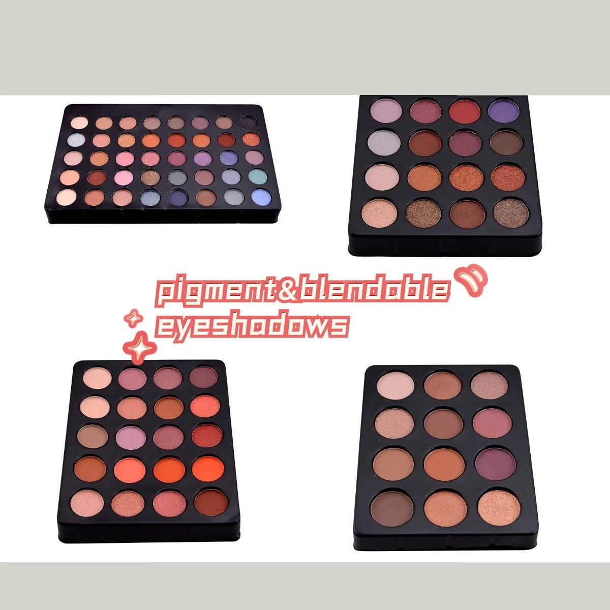 Four black eyeshadow palettes arranged on a white background with a pink text overlay reading 'pigment&blendable eyeshadows'. The palettes contain various shades of neutral, warm, and cool-toned eyeshadow powders.