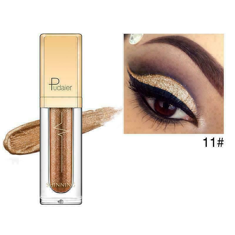 Pudaier Shinning liquid eyeshadow in shade 11#, showing the clear tube with gold cap and shimmering bronze-gold formula, alongside a makeup swatch and an eye makeup close-up demonstrating the applied effect.