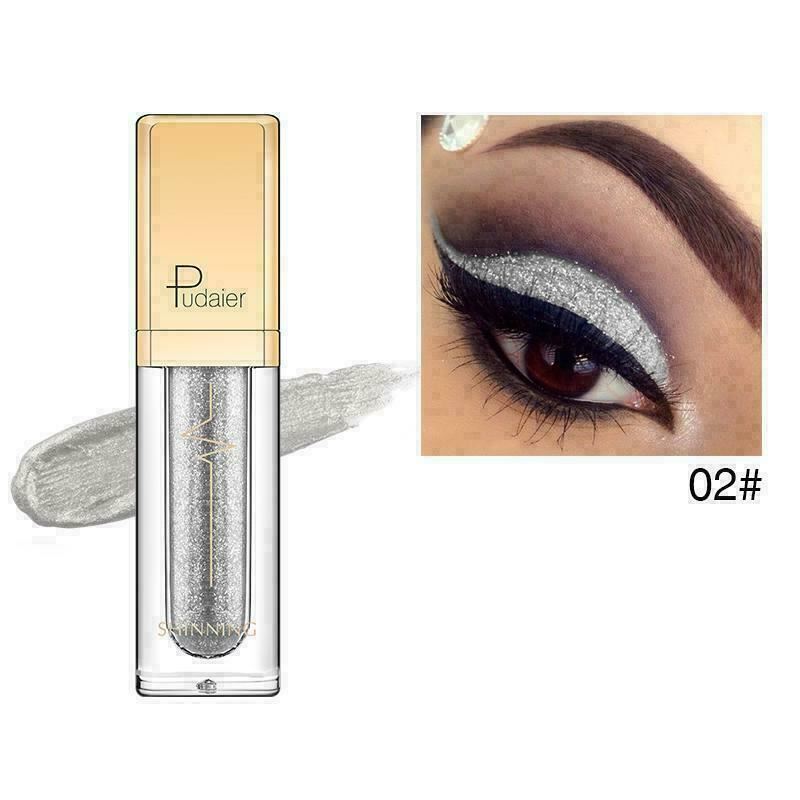 Pudaier silver glitter eyeshadow stick in shade 02#, shown in a clear tube with a gold cap next to a silver glitter swatch, with an inset image of a model wearing the glittery silver eye makeup.