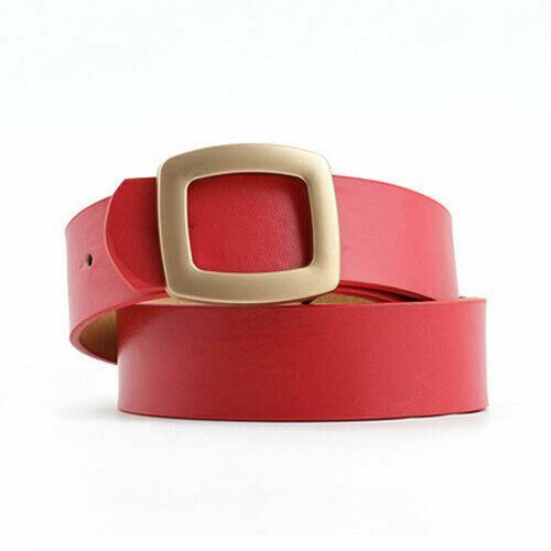 A red leather belt with a square-shaped gold-tone metal buckle, coiled on a white background.