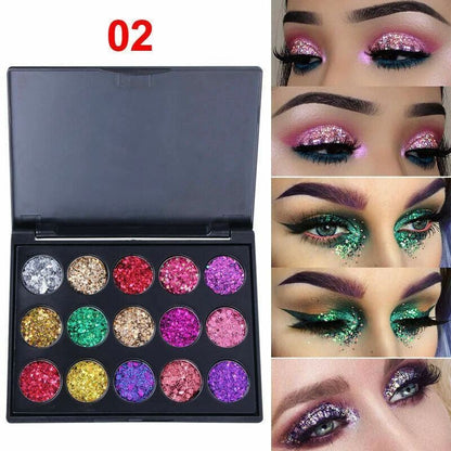 Chunky glitter eyeshadow palette with holographic pink, purple, green, gold and silver festival sparkle shades