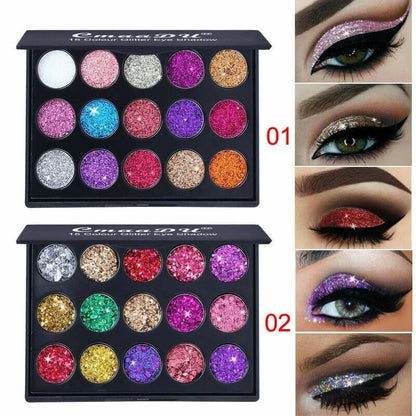 5 Color Glitter Eyeshadow Palette featuring Kit 01 fine shimmer shades and Kit 02 chunky sparkle shades for glam and festival makeup looks