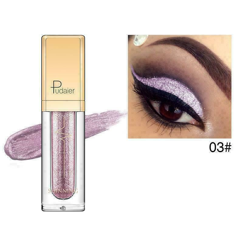 Pudaier glitter eyeshadow stick in shade 03#, showing the clear tube with a gold cap and a lavender-pink glitter smear, alongside a close-up of an eye wearing the shimmering purple eyeshadow.