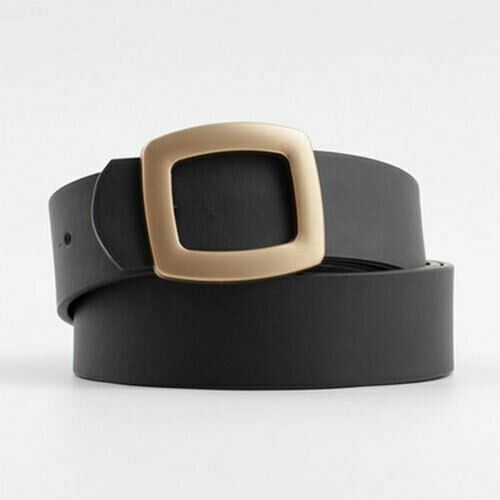 A black leather belt with a square-shaped brushed gold-tone metal buckle, coiled on a light gray background.