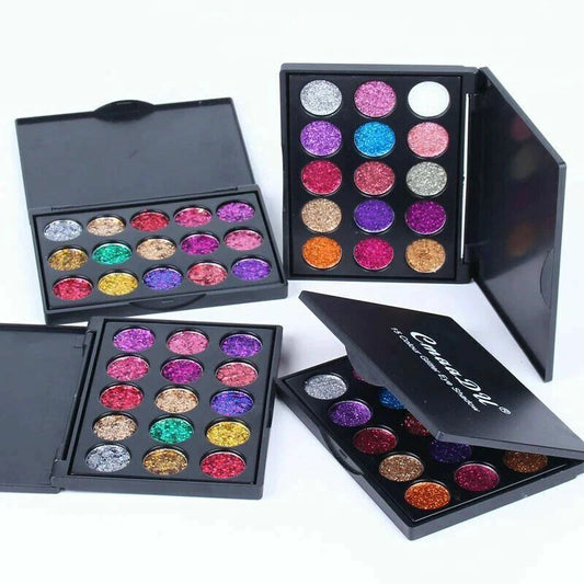 15 Color Glitter Eyeshadow Palette featuring Kit 01 fine shimmer shades and Kit 02 chunky sparkle shades for glam and festival makeup looks