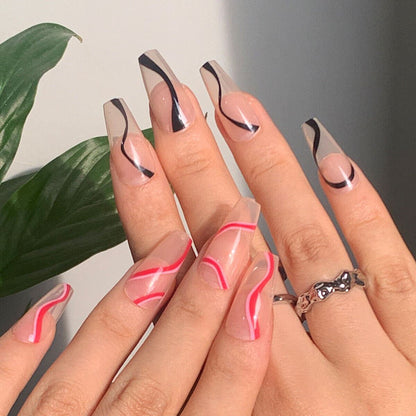 Nails with wavy line designs on a neutral background
