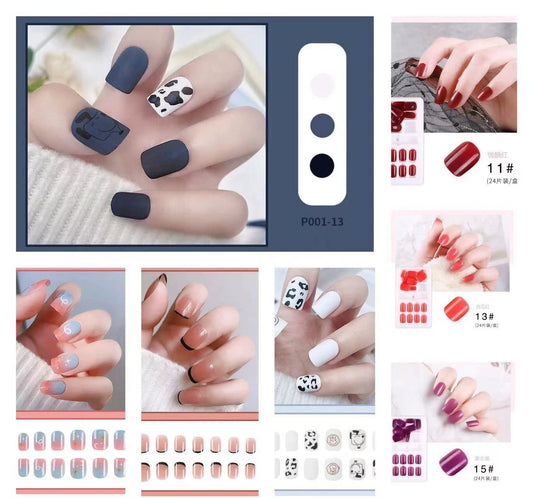 24 Pcs Square Full Cover Fake Nails with nail glue | French Manicure Press-On Set