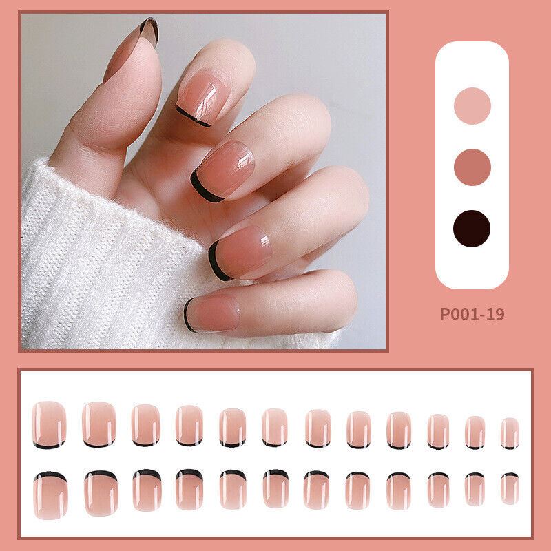 24 Pcs Square Full Cover Fake Nails with nail glue | French Manicure Press-On Set