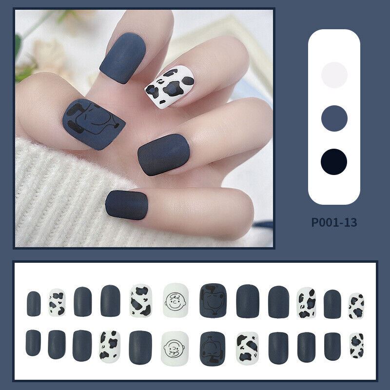 24 Pcs Square Full Cover Fake Nails with nail glue | French Manicure Press-On Set