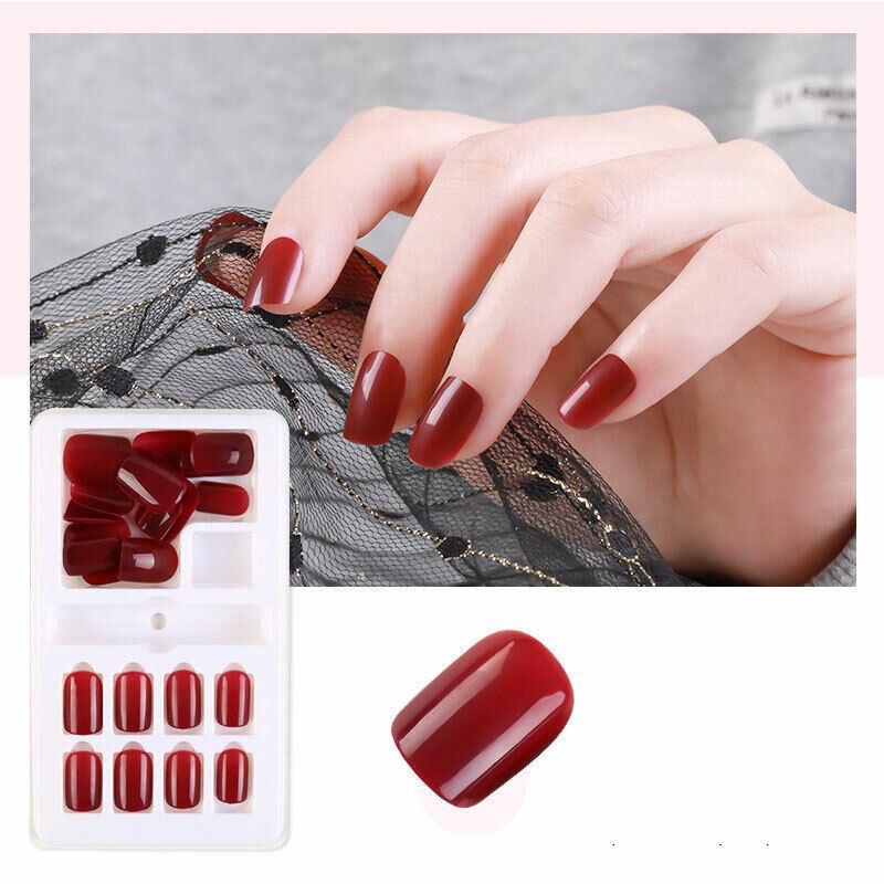 24 Pcs Square Full Cover Fake Nails with nail glue | French Manicure Press-On Set