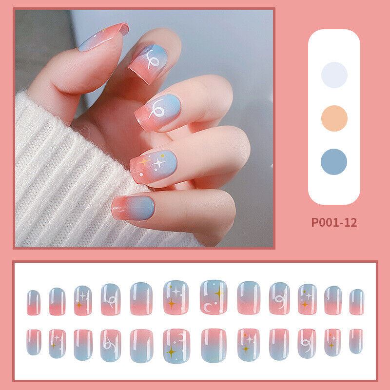 24 Pcs Square Full Cover Fake Nails with nail glue | French Manicure Press-On Set