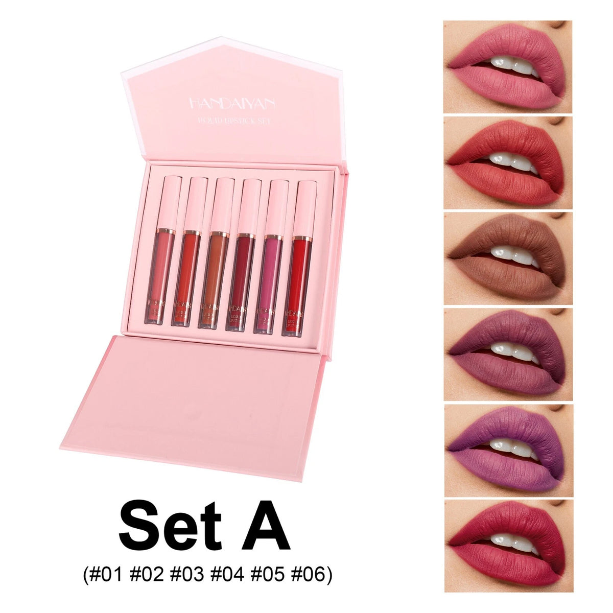 Pink lip gloss set with six shades displayed in a case, alongside swatches of the lip gloss on lips.