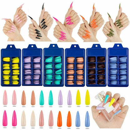 Nail color set display showing multiple blue trays of artificial nail tips in assorted shades, with sample nail tips arranged below, and hands demonstrating the nails applied in different colors on a white background.