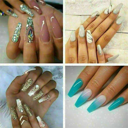 A four-panel collage showing different nail art styles on long coffin-shaped nails. The designs include glossy nude pink, silver glitter with floral and marble motifs, gold glitter with rhinestones, and a teal-to-white ombre gradient.