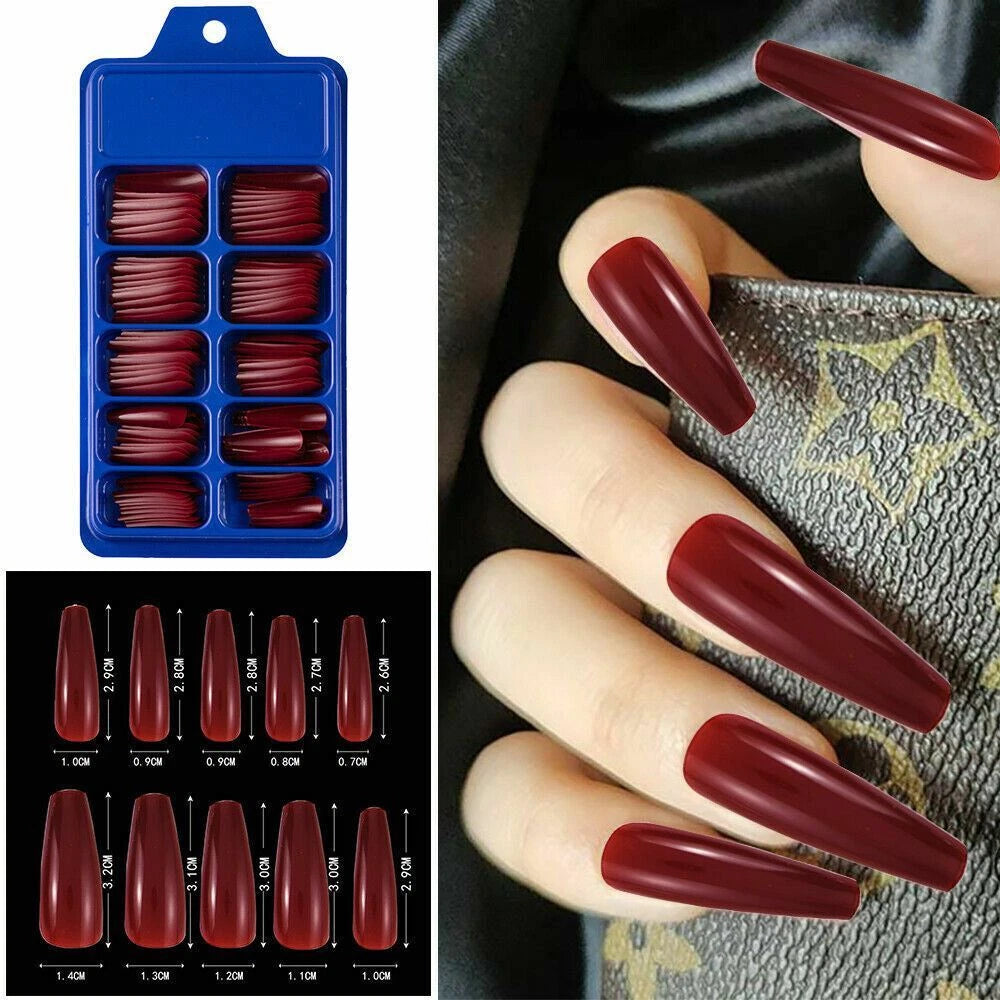 A collage showing a blue plastic tray of dark burgundy false press-on nails, a size chart with measurements for different nail lengths, and a close-up of a hand wearing long coffin-shaped burgundy nails while holding a textured gray Louis Vuitton-style bag.