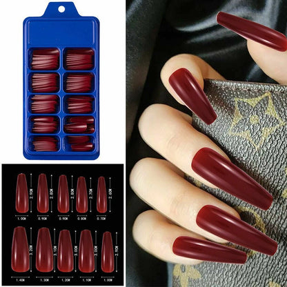 A collage showing a blue plastic tray of dark burgundy false press-on nails, a size chart with measurements for different nail lengths, and a close-up of a hand wearing long coffin-shaped burgundy nails while holding a textured gray Louis Vuitton-style bag.