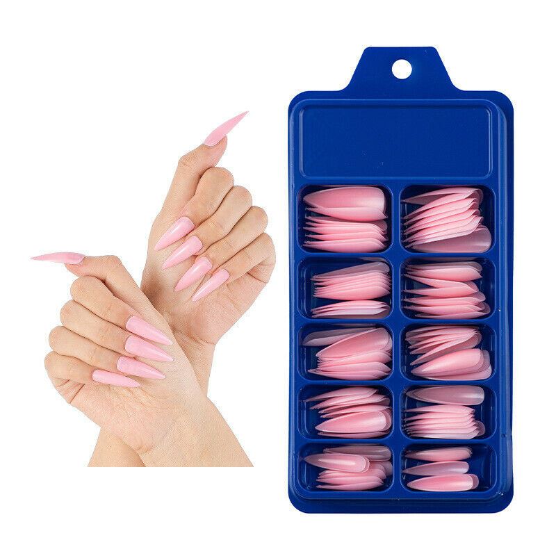 Blue tray with pink nail extensions and hands with pink nails on a white background