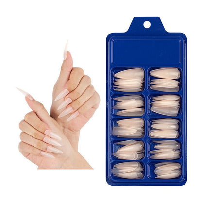 Nail tips in a blue case with a hand model displaying applied nails.