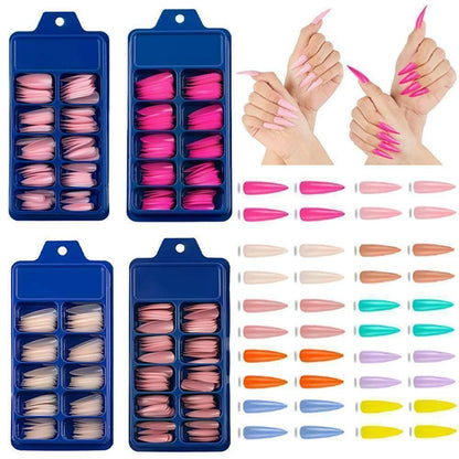 Nail art press-on tips shown in blue storage trays, alongside hands wearing long pink manicured nails and a row of individual tip samples in multiple colors on a white background.