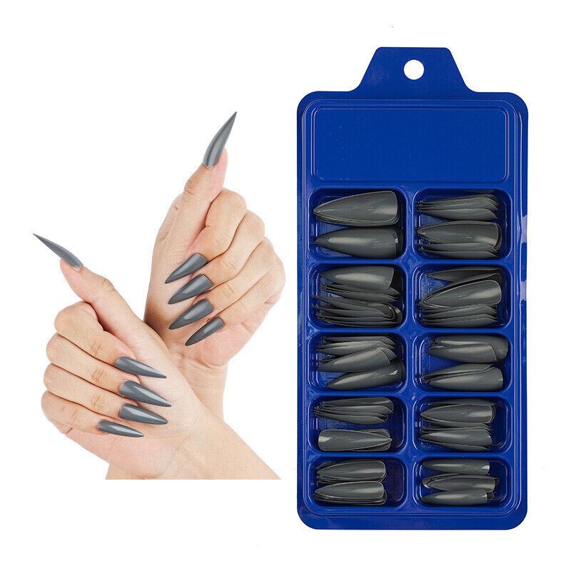 Blue tray of gray nail extensions with a hand model displaying the nails.