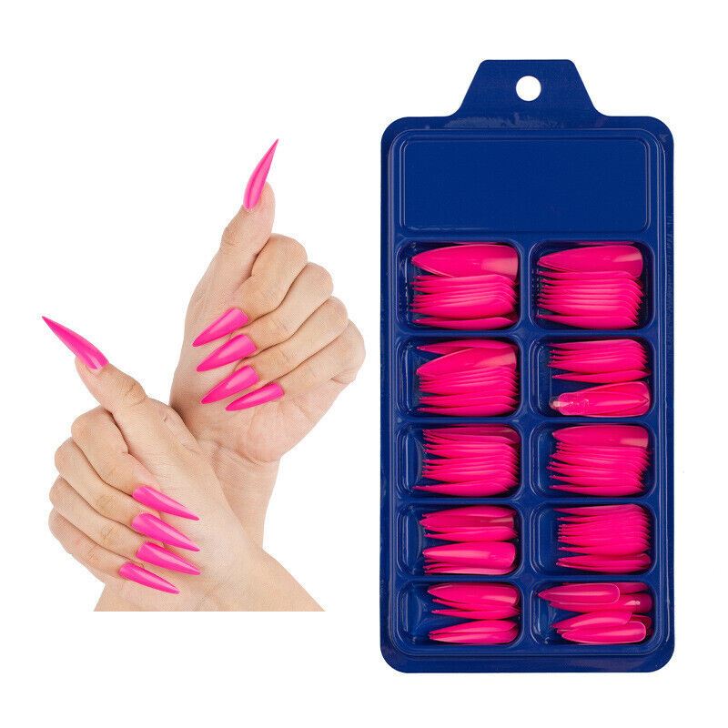 Set of pink nail extensions in a blue case with a hand model displaying the nails.
