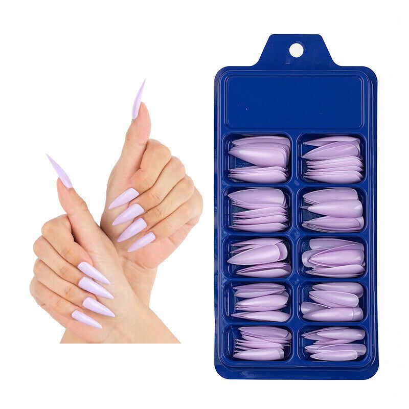 Set of purple nail tips in a blue case with a hand model displaying the nails.