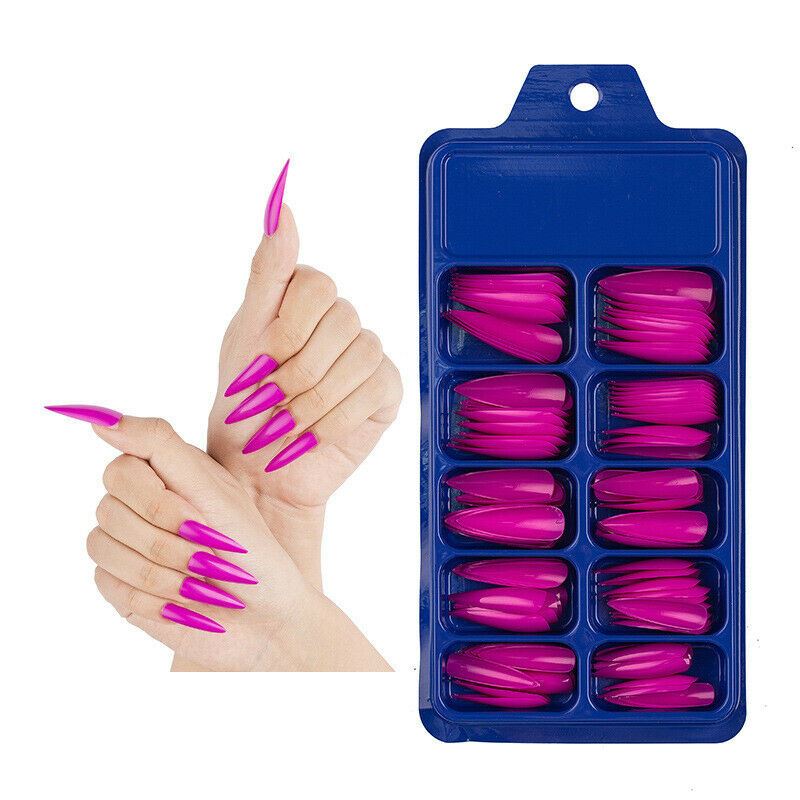 Blue tray with pink nail tips and a hand with long pink nails on a white background