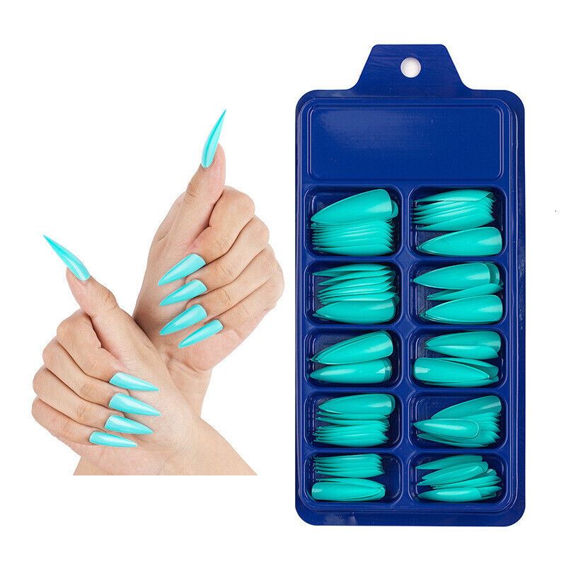 Turquoise nail tips in a blue case with a hand model displaying the nails.