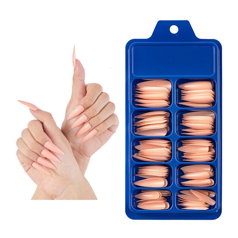 Blue tray with nail extensions and a hand model displaying applied nails.