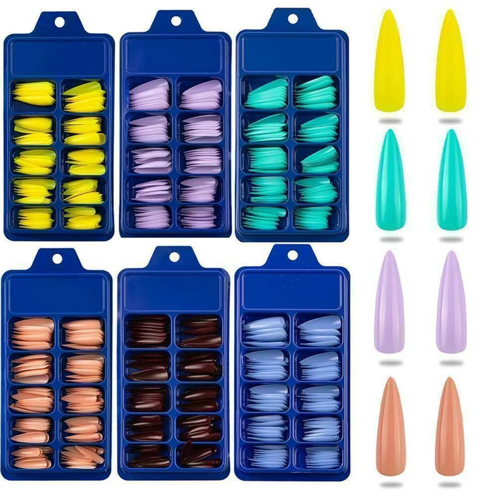 Six blue plastic nail art tray organizers arranged in two rows, each holding multiple pairs of artificial nail tips in different colors including yellow, lavender, teal, peach, brown, and light blue. To the right, six matching nail tip samples are displayed vertically in yellow, teal, lavender, peach, and light blue on a white background.
