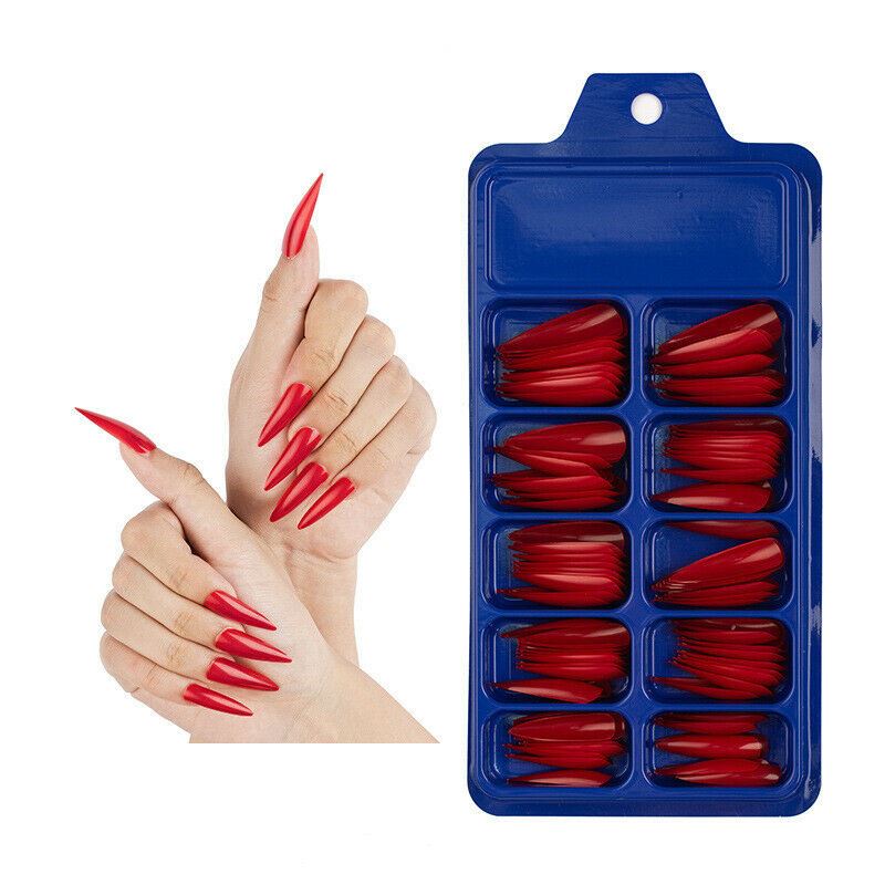 Set of red nail tips in a blue case with a hand model displaying nails.