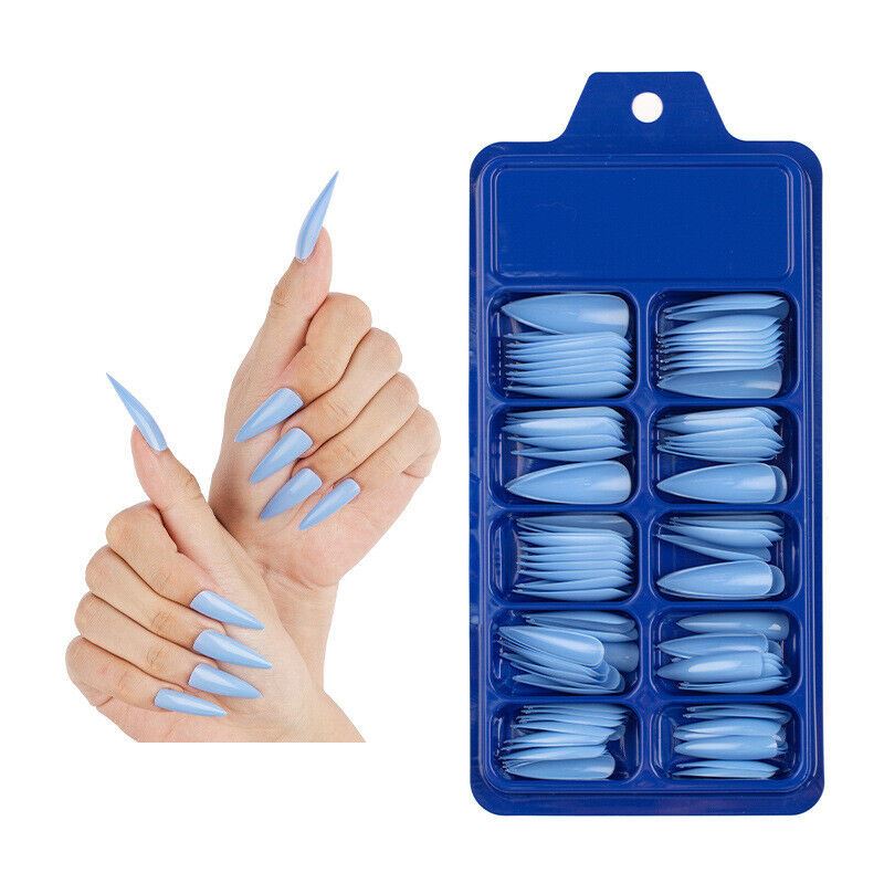 Blue nail tips in a blue case with hands wearing blue nails on a white background