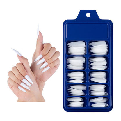 Set of white nail tips in a blue case with a hand model displaying applied nails.