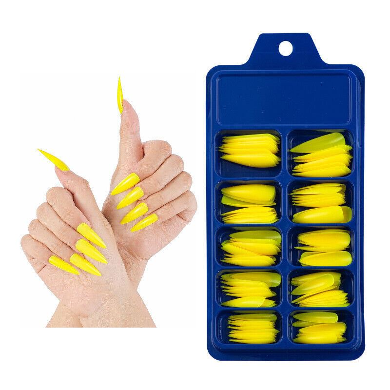 Yellow nail extensions in a blue case with a hand model displaying the nails.