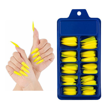 Yellow nail extensions in a blue case with a hand model displaying the nails.