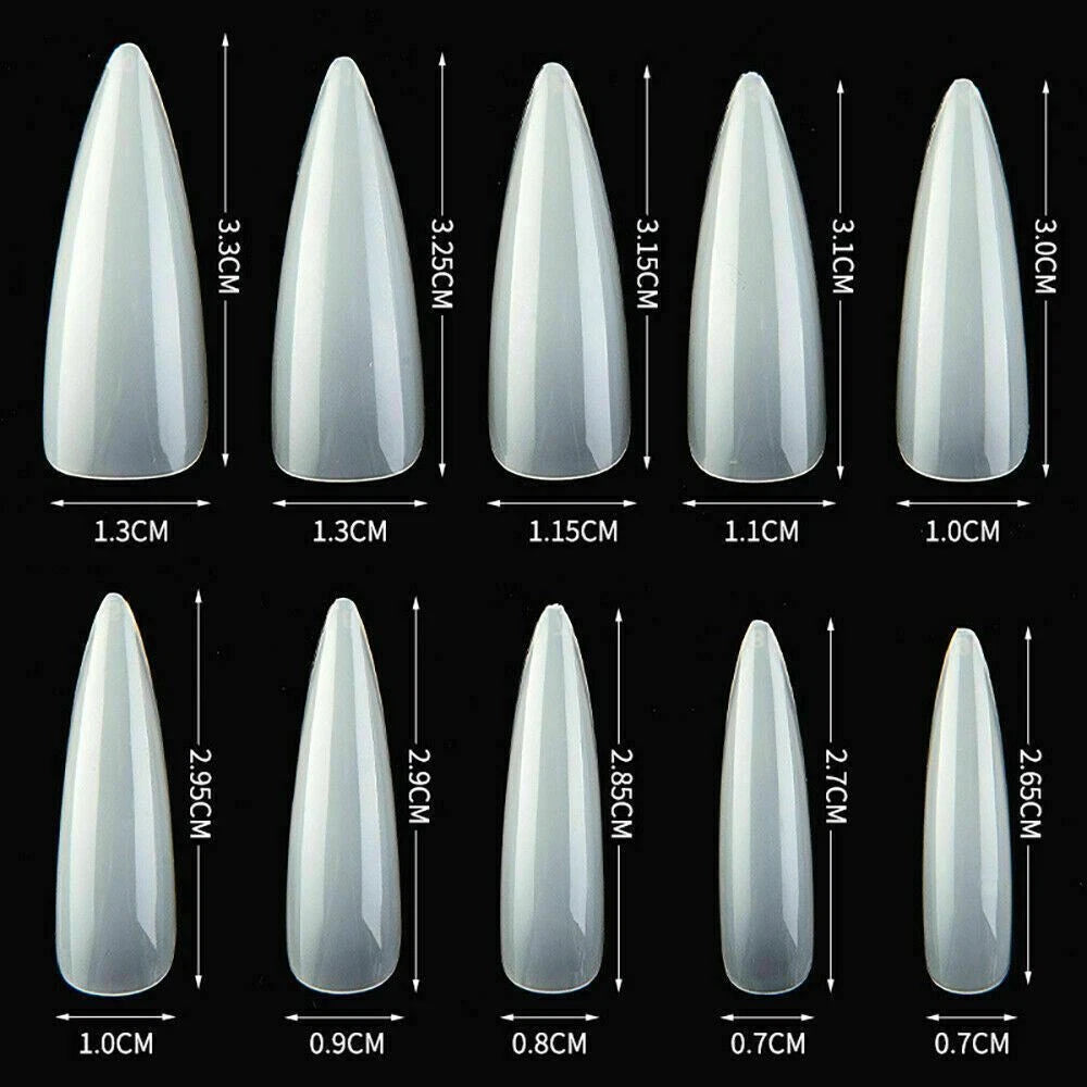 A size chart showing ten different almond-shaped press-on nails arranged in two rows on a black background, with measurements for length and width printed next to each nail.