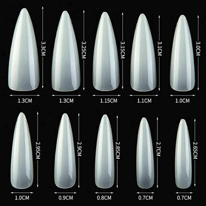 A size chart showing ten different almond-shaped press-on nails arranged in two rows on a black background, with measurements for length and width printed next to each nail.