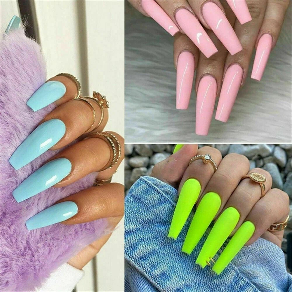 Three-panel collage showing long coffin-shaped press-on nails worn on hands. The top-right panel shows glossy light pink nails, the bottom-right panel shows bright neon yellow-green nails, and the bottom-left panel shows pastel light blue nails.
