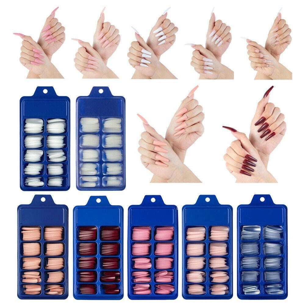 Nail art press-on set displayed with multiple blue plastic trays containing different colored nail tips and several hands demonstrating how to wear and style the nails.