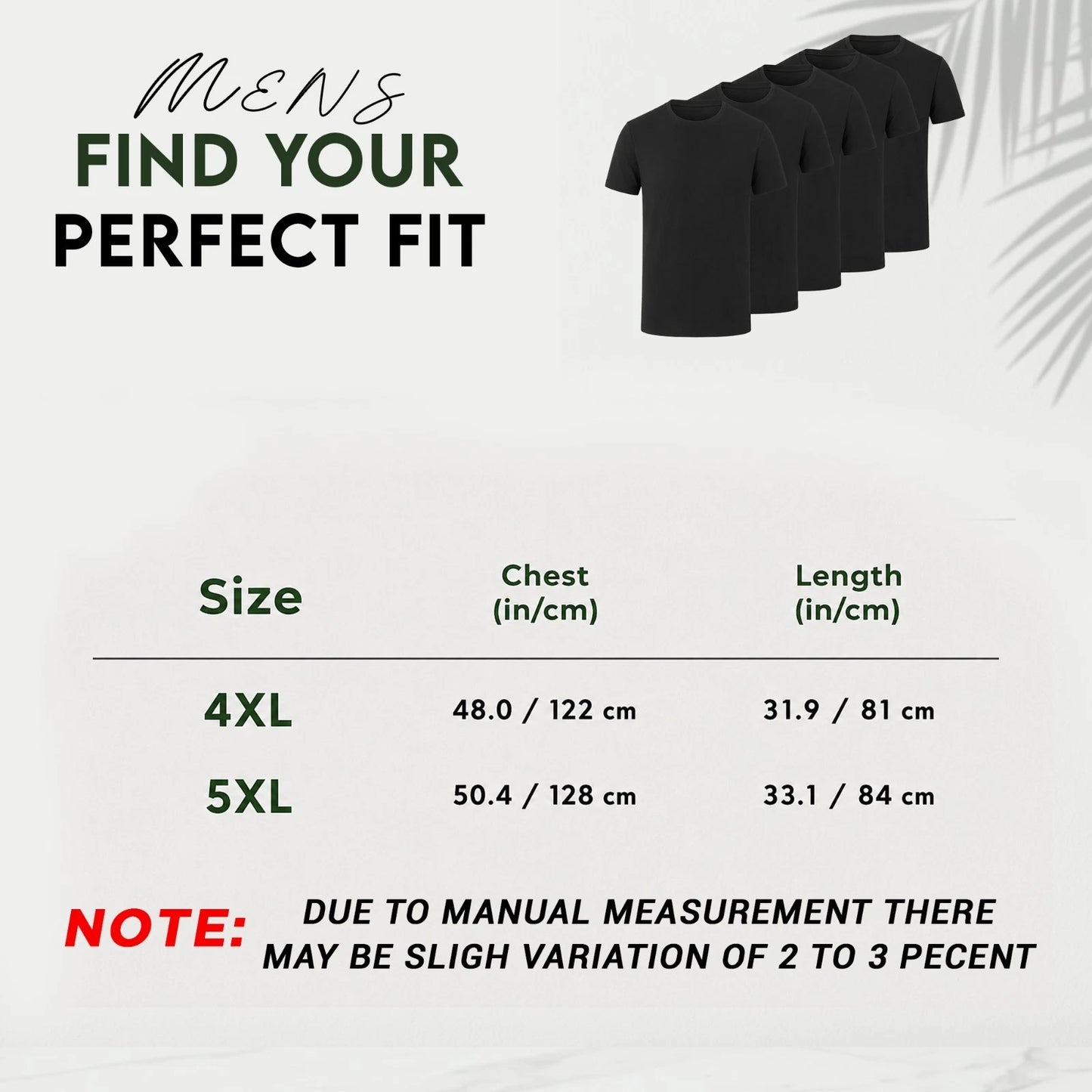 A size guide graphic for men's black t-shirts, titled 'MEN'S FIND YOUR PERFECT FIT'. It features a row of five black t-shirts on the top right and a size table below detailing measurements for 4XL and 5XL sizes in centimeters and inches.
